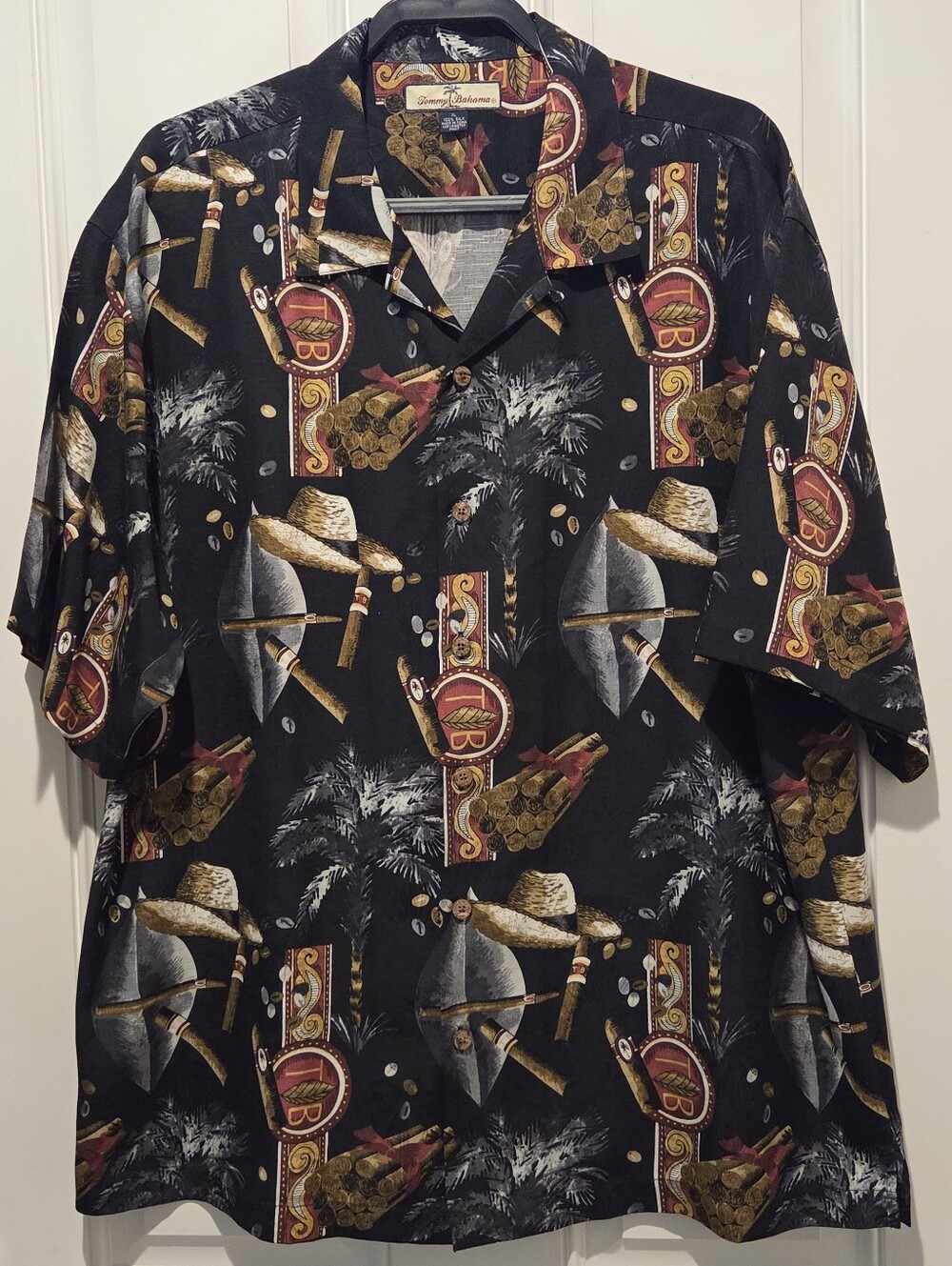 Tommy Bahama Cigar Print 100% Silk Button-Up Hawaiian Shirt Men's XL